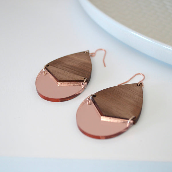 walnut and rose gold mirrored earrings