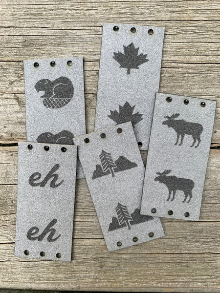 ultrasuede sew-on Canadian north theme tags